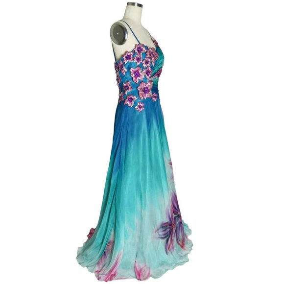 Vtg Asymmetric Floral Print Embroidered Appliqué Gradient Silk Gown Dress - Picture 2 of 5